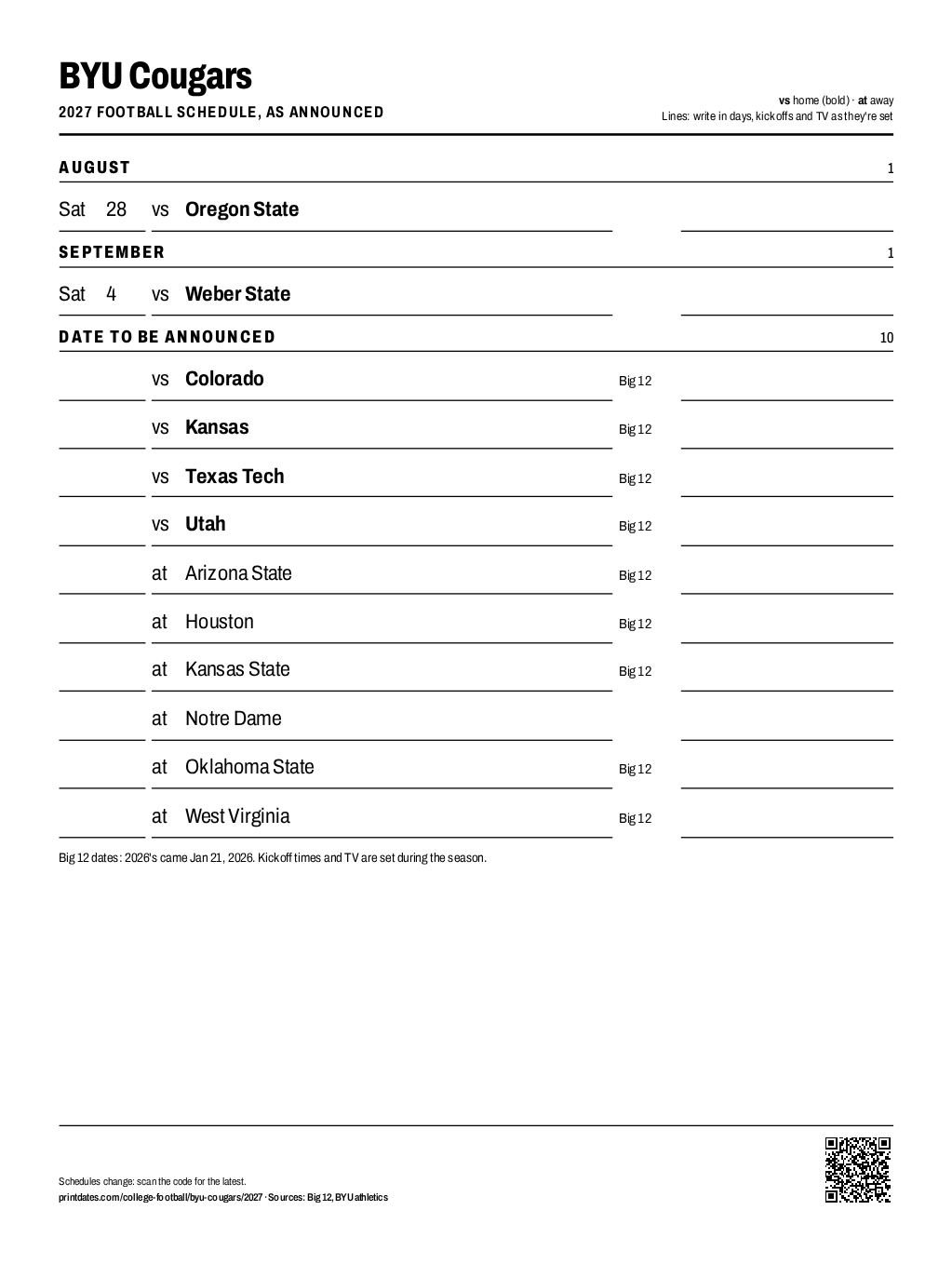 BYU Cougars 2027 football schedule printable: 2 of 12 games dated so far, the rest to write in