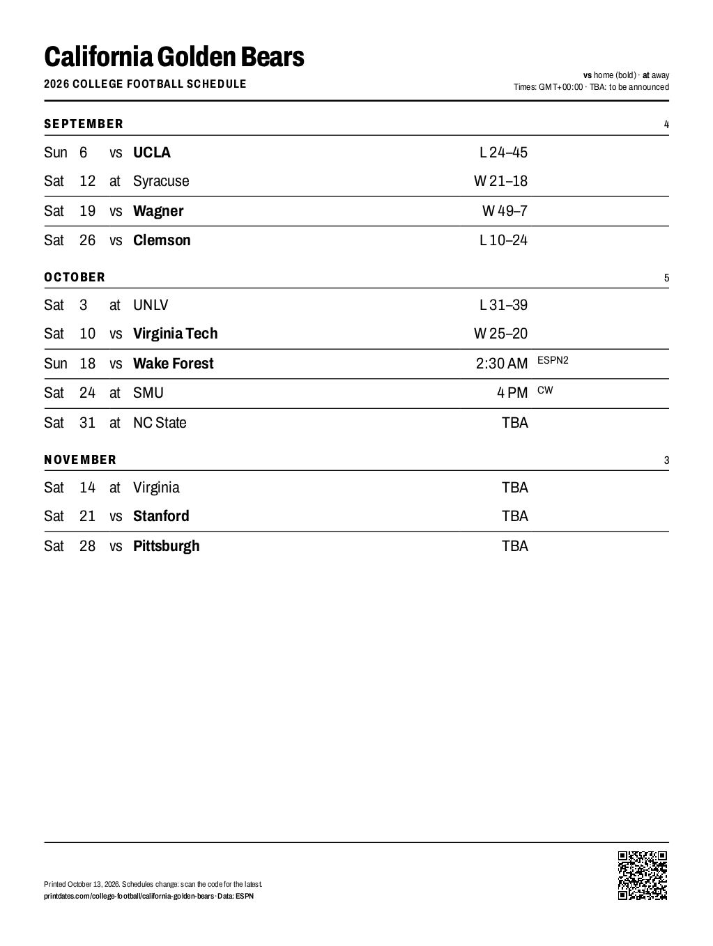 California Golden Bears football 2026 printable schedule, all 12 games on one page