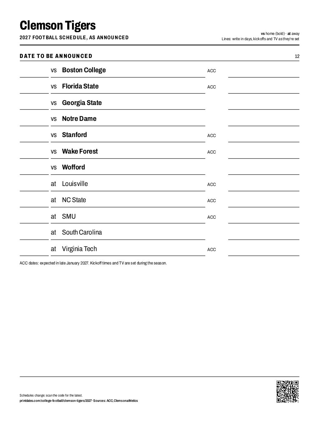 Clemson Tigers 2027 football schedule printable: 0 of 12 games dated so far, the rest to write in