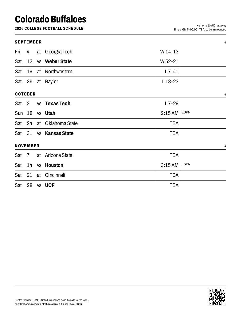Colorado Buffaloes football 2026 printable schedule, all 12 games on one page