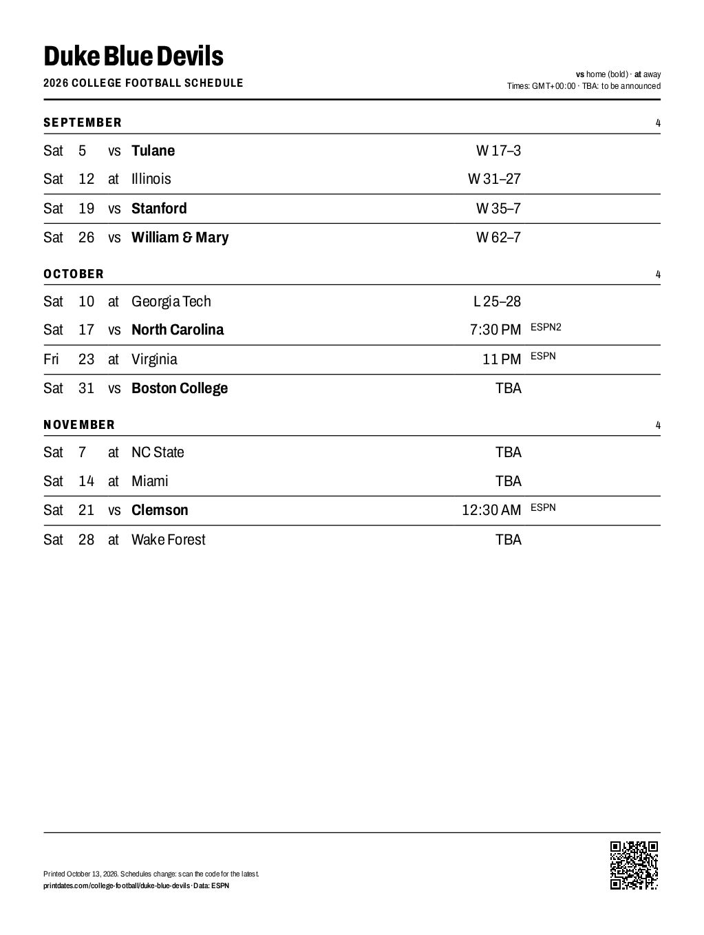 Duke Blue Devils football 2026 printable schedule, all 12 games on one page