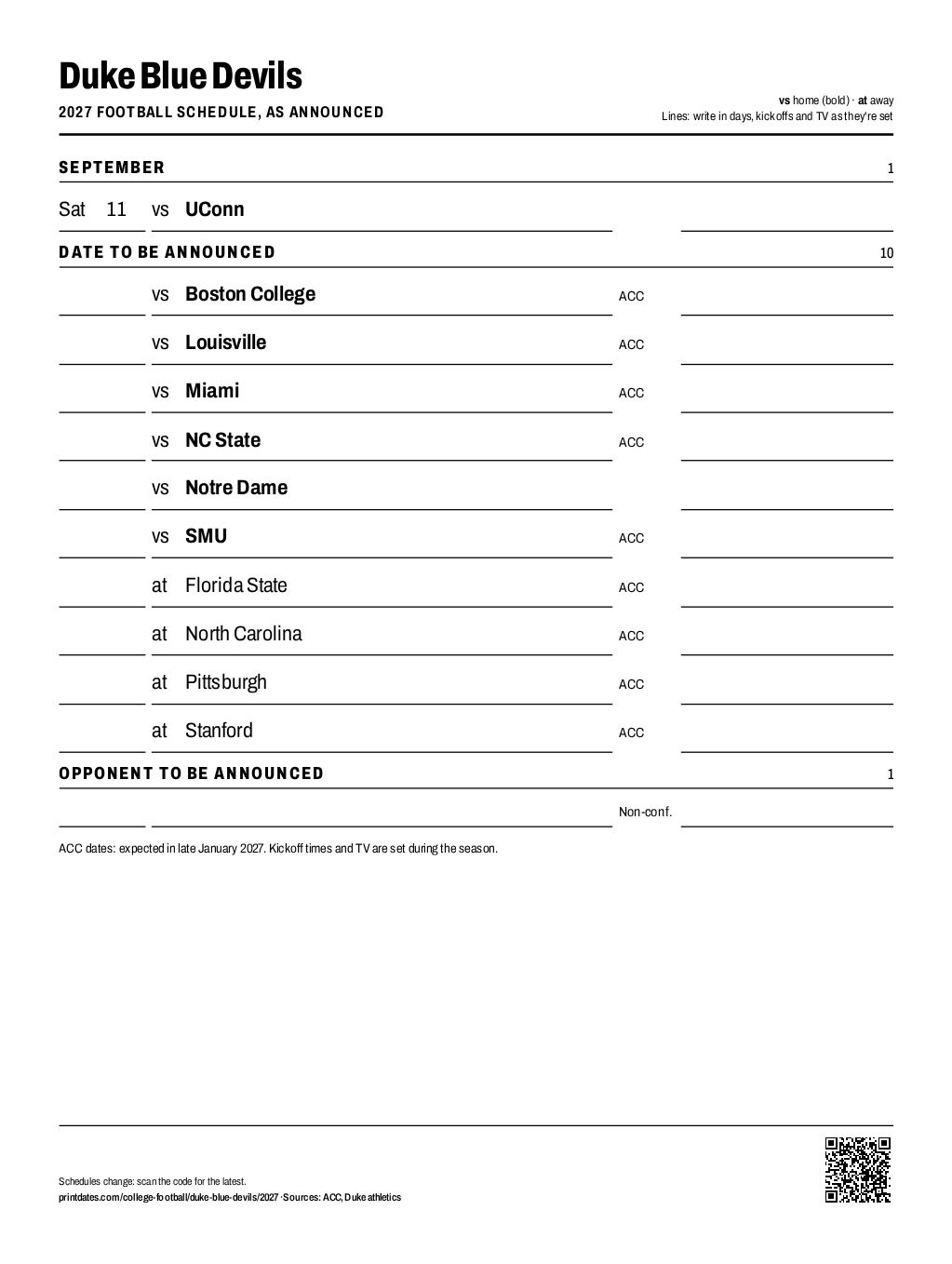 Duke Blue Devils 2027 football schedule printable: 1 of 12 games dated so far, the rest to write in