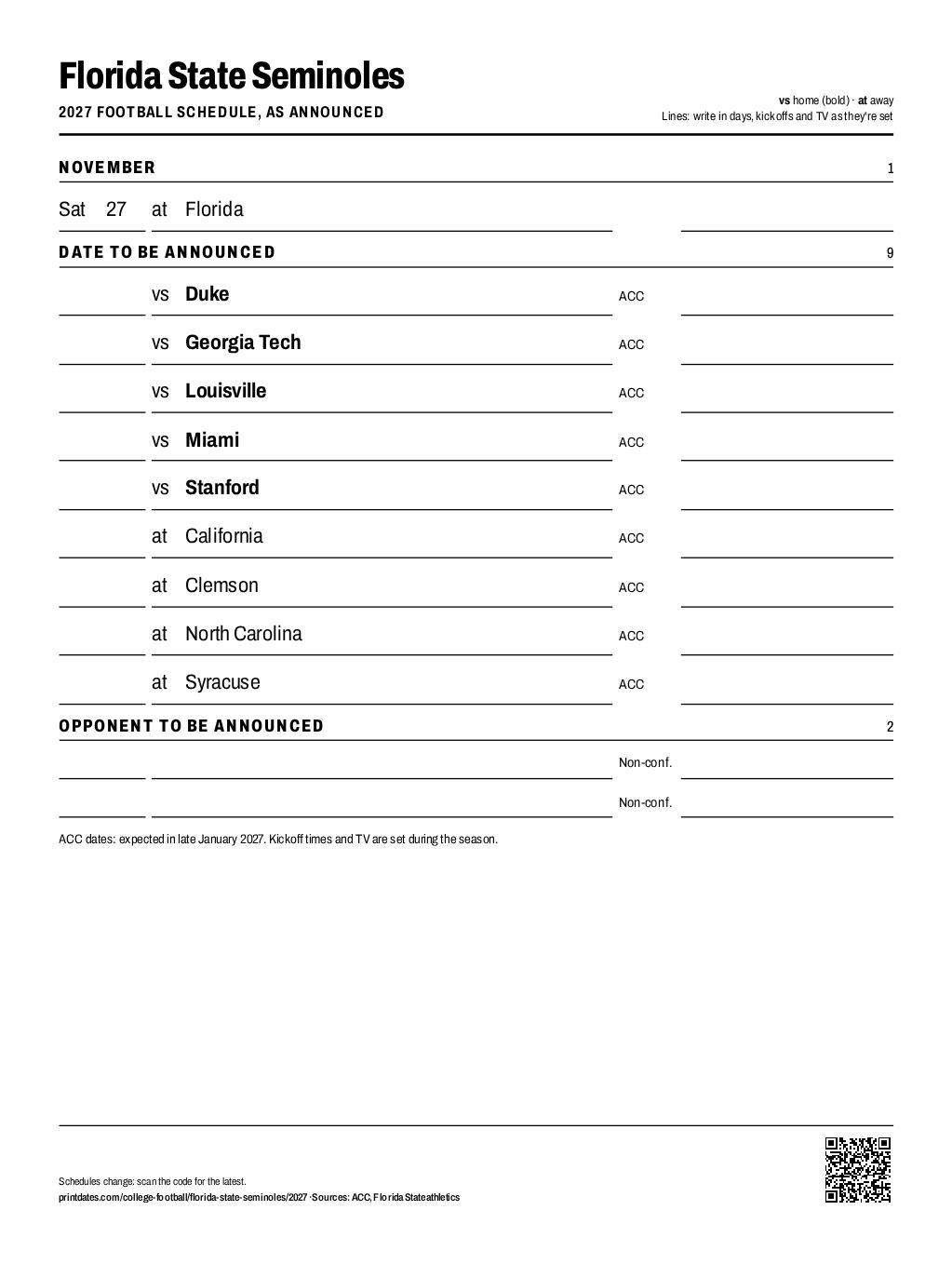 Florida State Seminoles 2027 football schedule printable: 1 of 12 games dated so far, the rest to write in