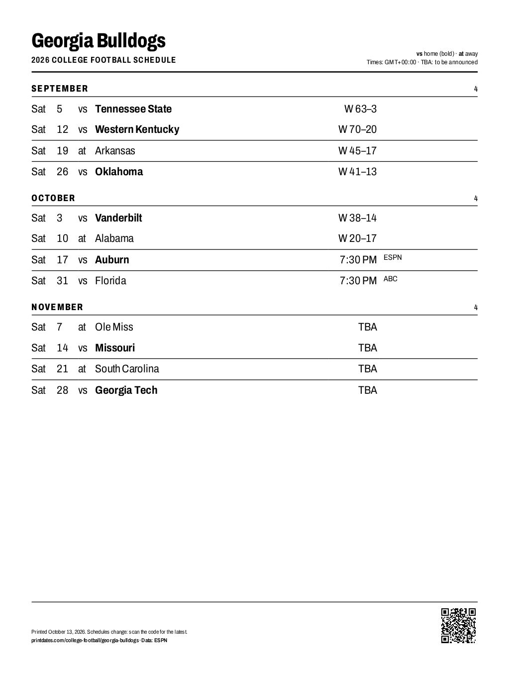 Georgia Bulldogs football 2026 printable schedule, all 12 games on one page