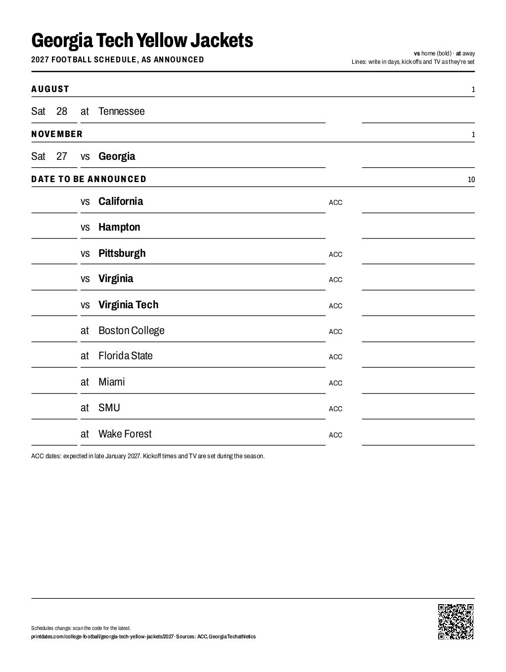 Georgia Tech Yellow Jackets 2027 football schedule printable: 2 of 12 games dated so far, the rest to write in