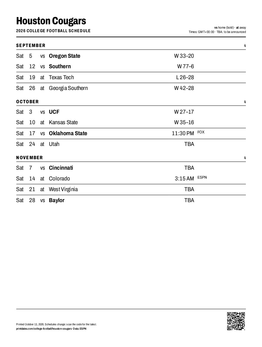 Houston Cougars football 2026 printable schedule, all 12 games on one page