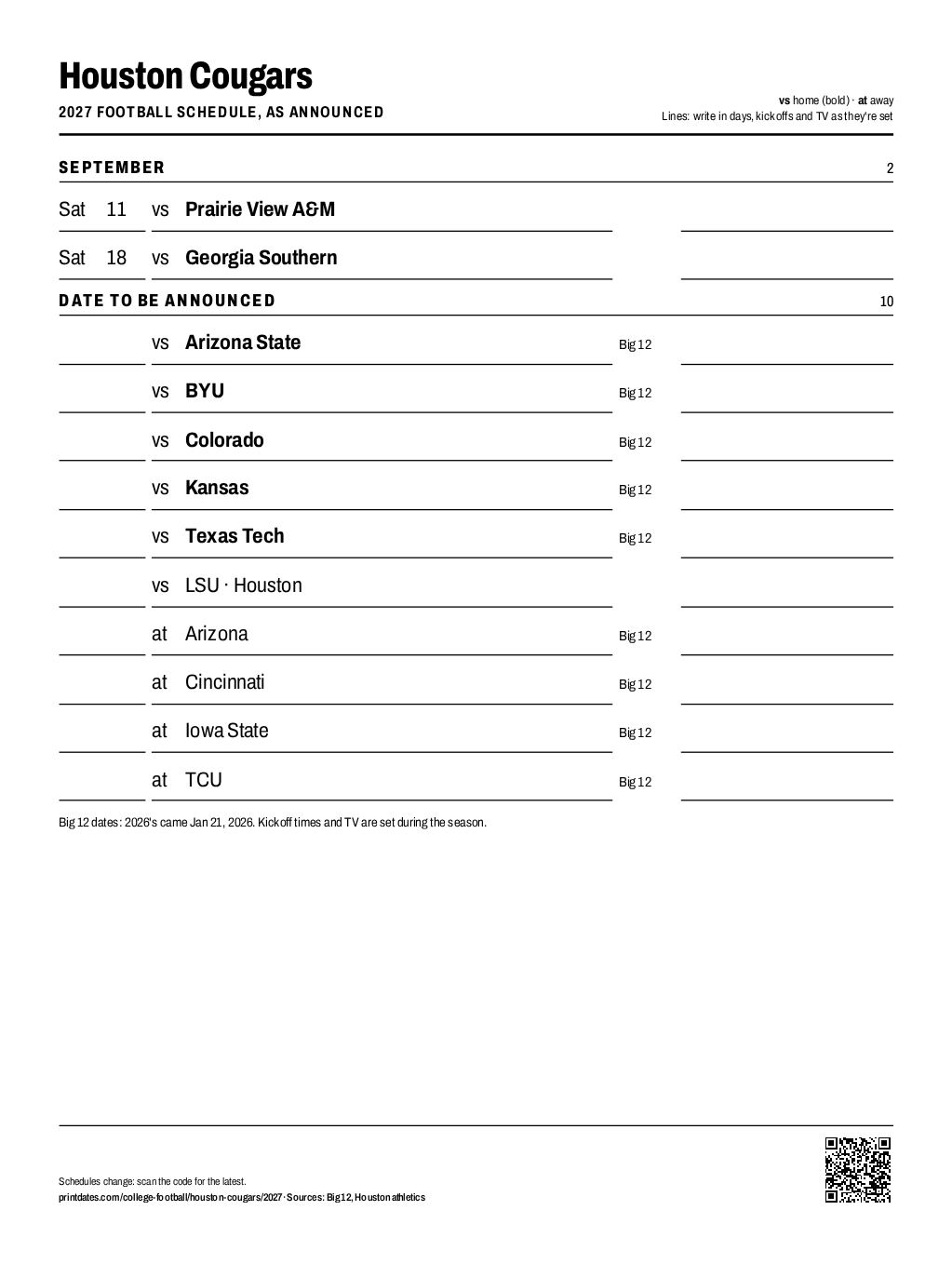Houston Cougars 2027 football schedule printable: 2 of 12 games dated so far, the rest to write in