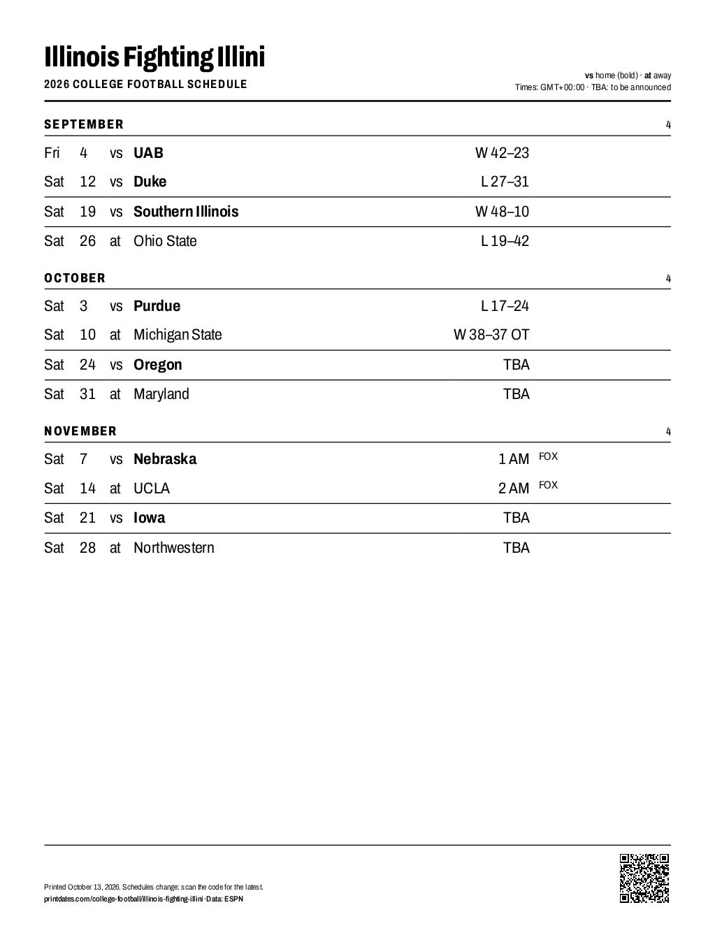 Illinois Fighting Illini football 2026 printable schedule, all 12 games on one page