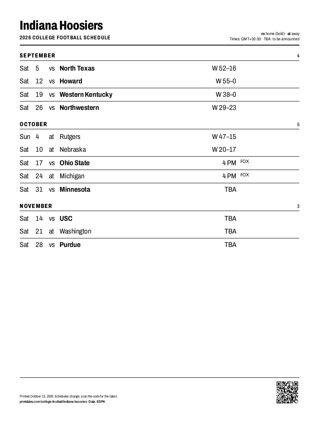 Indiana Hoosiers football 2026 printable schedule, all 12 games on one page