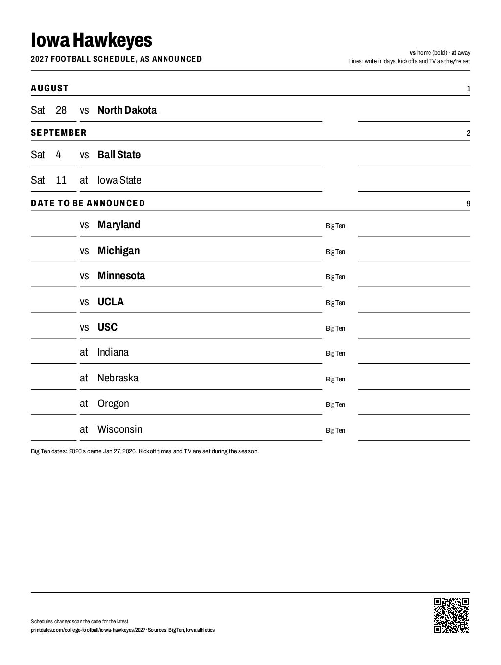 Iowa Hawkeyes 2027 football schedule printable: 3 of 12 games dated so far, the rest to write in