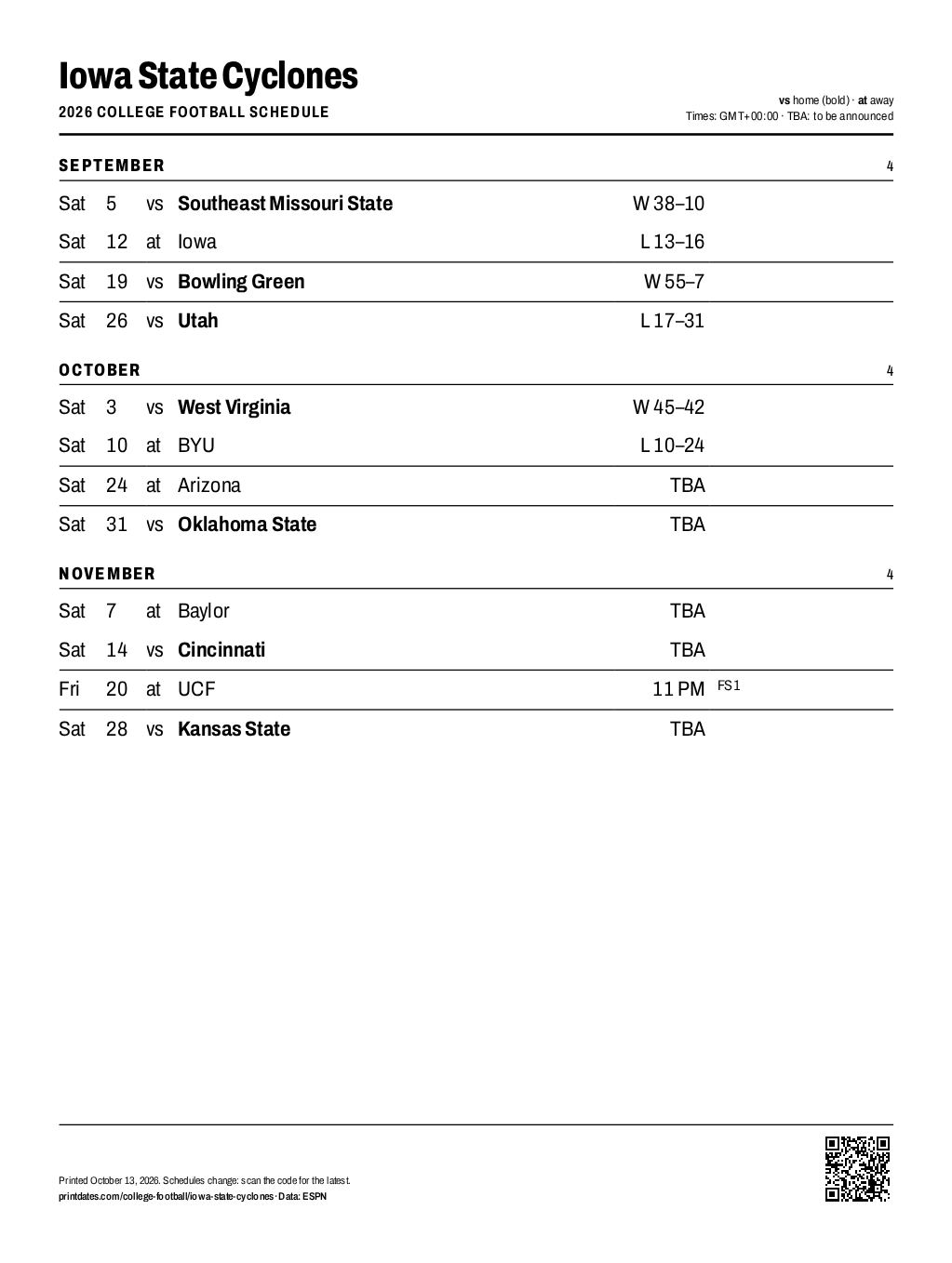 Iowa State Cyclones football 2026 printable schedule, all 12 games on one page