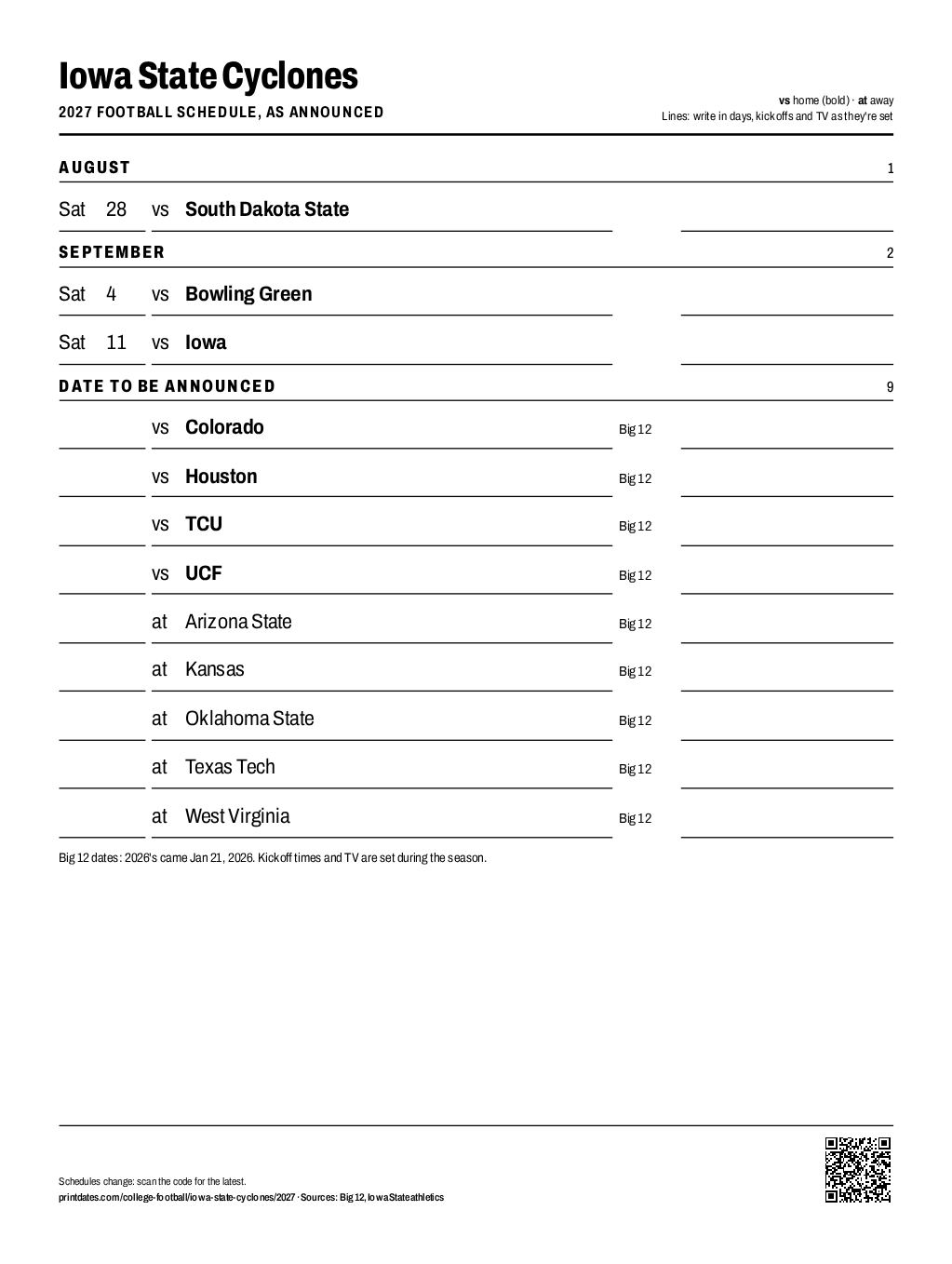 Iowa State Cyclones 2027 football schedule printable: 3 of 12 games dated so far, the rest to write in