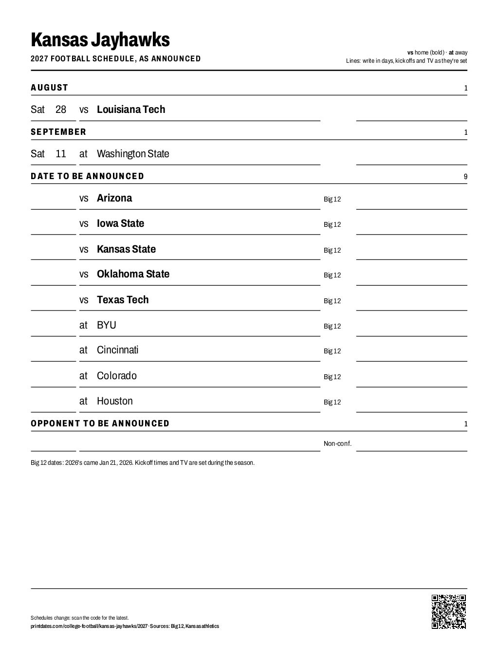 Kansas Jayhawks 2027 football schedule printable: 2 of 12 games dated so far, the rest to write in