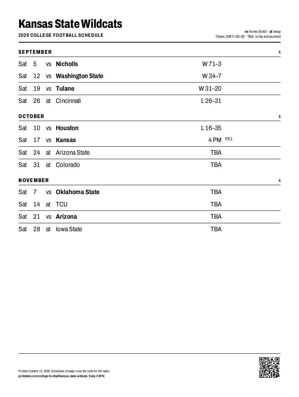 Kansas State Wildcats football 2026 printable schedule, all 12 games on one page