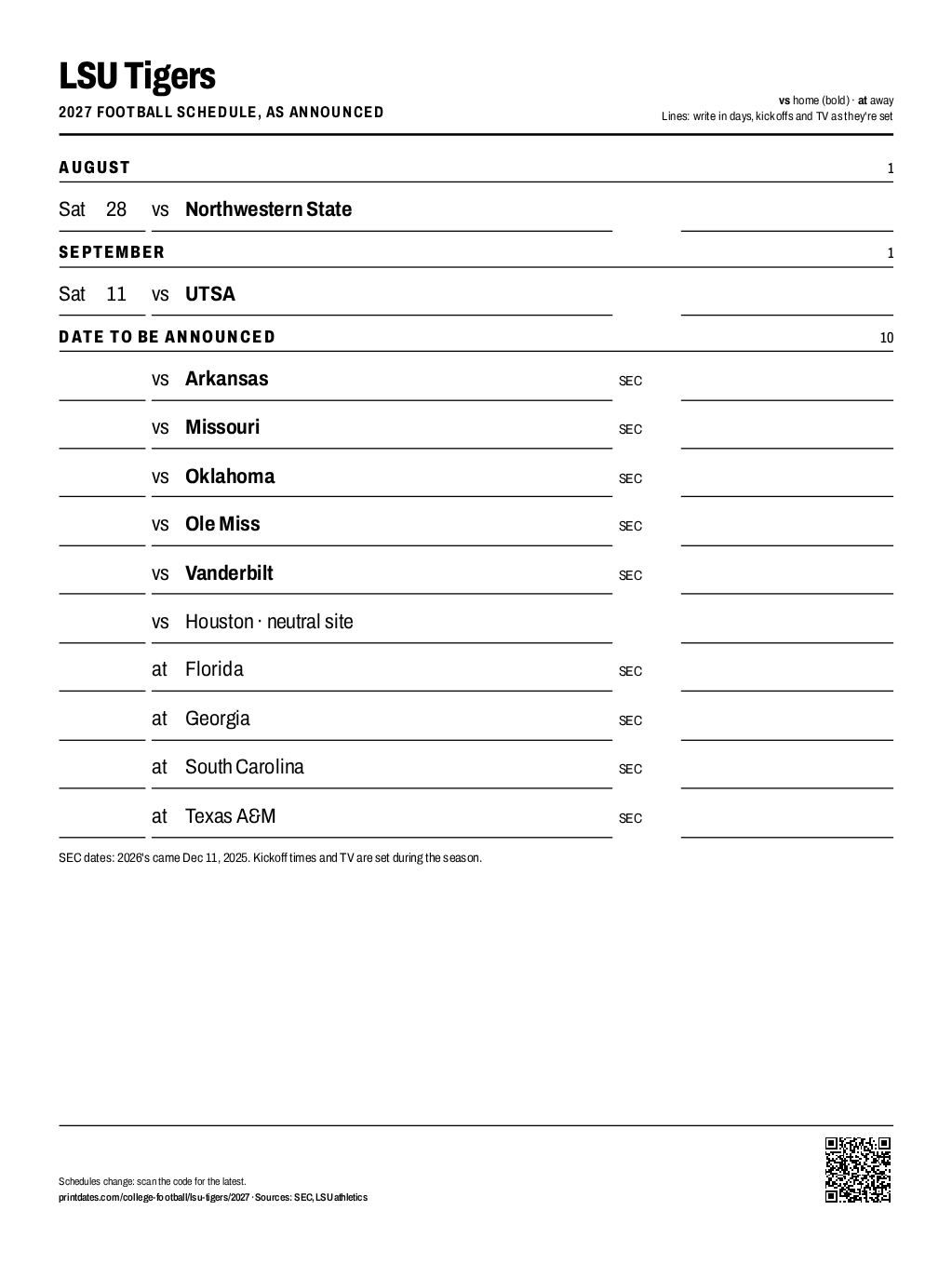 LSU Tigers 2027 football schedule printable: 2 of 12 games dated so far, the rest to write in