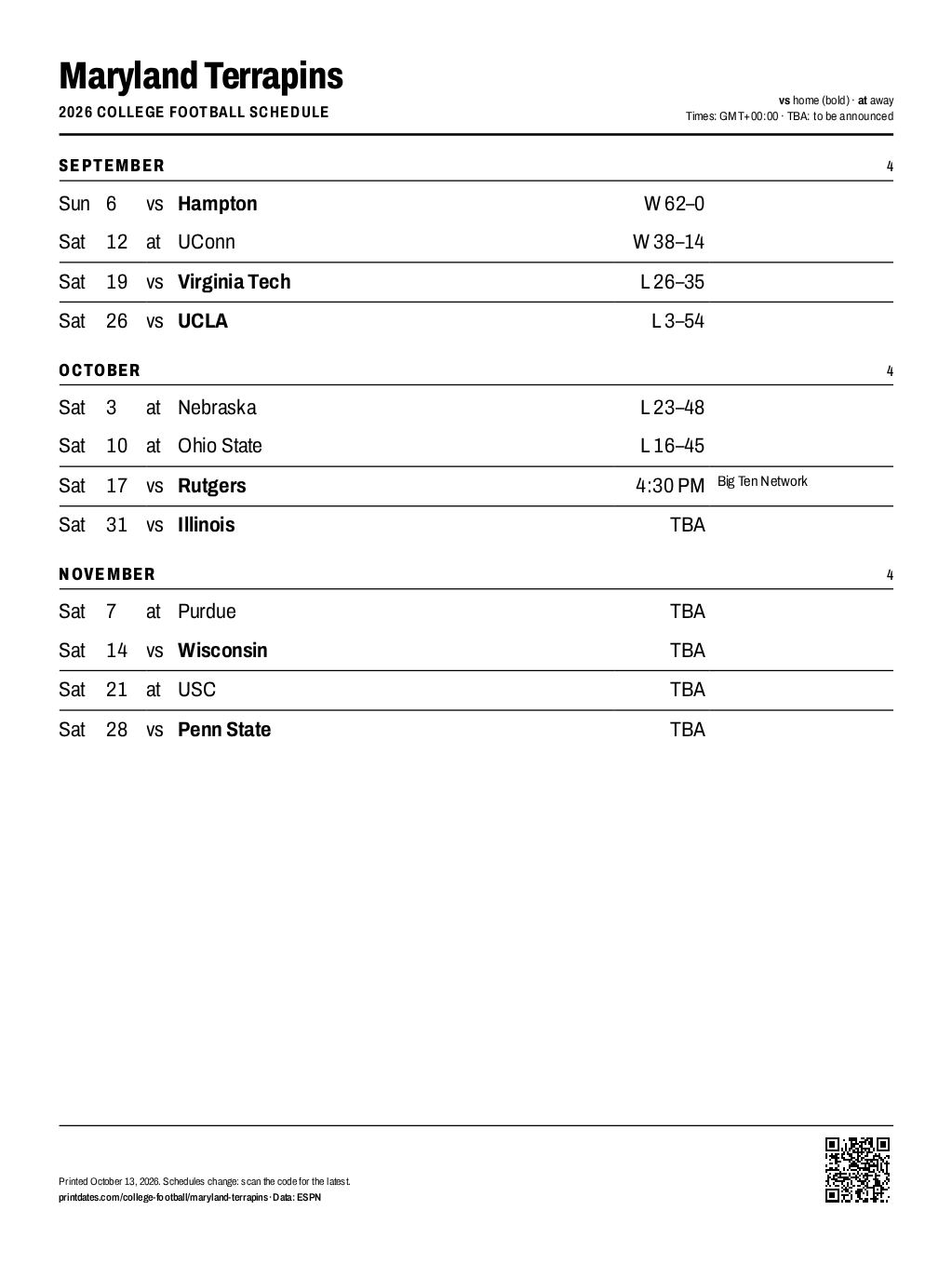 Maryland Terrapins football 2026 printable schedule, all 12 games on one page