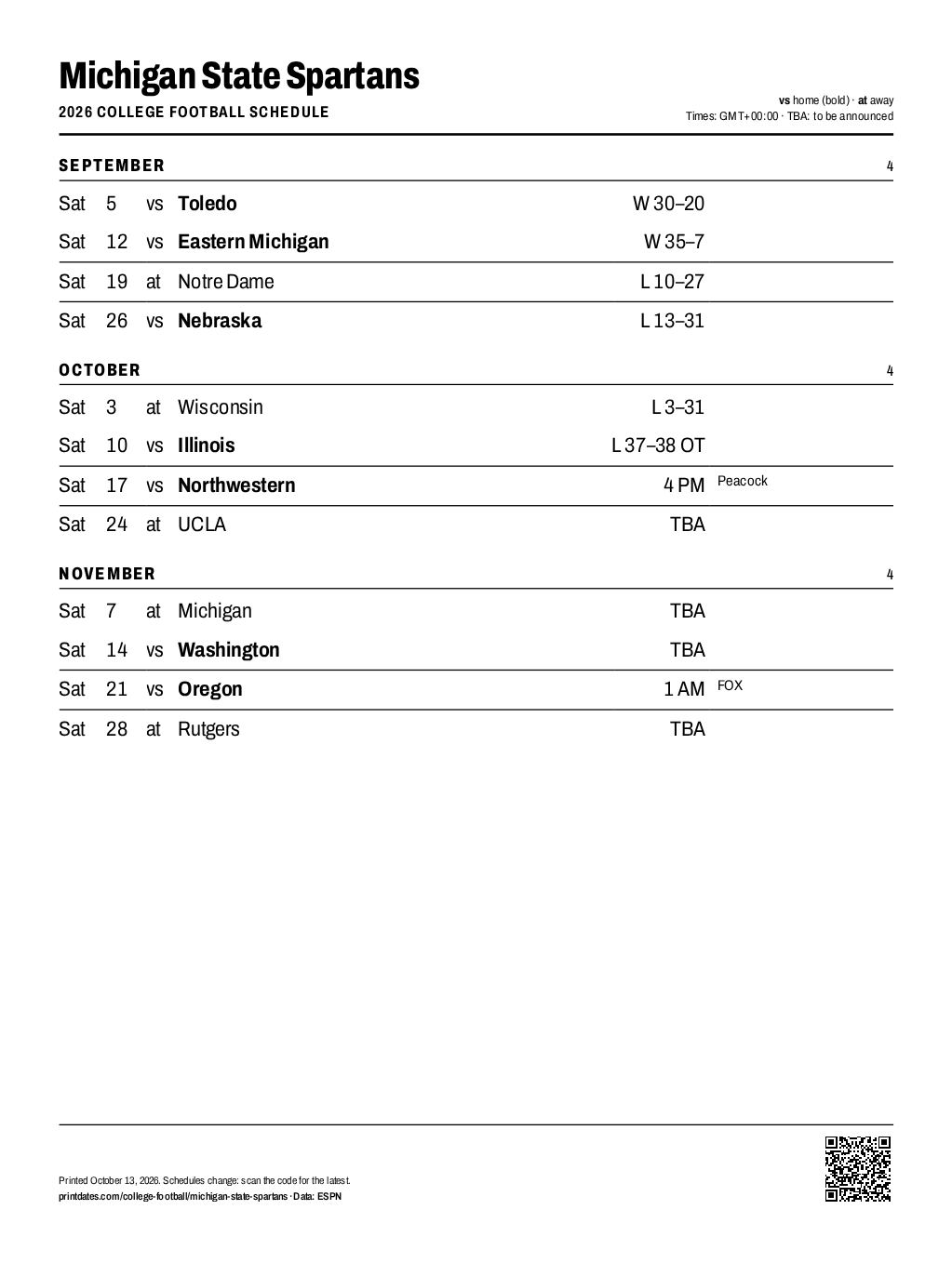 Michigan State Spartans football 2026 printable schedule, all 12 games on one page