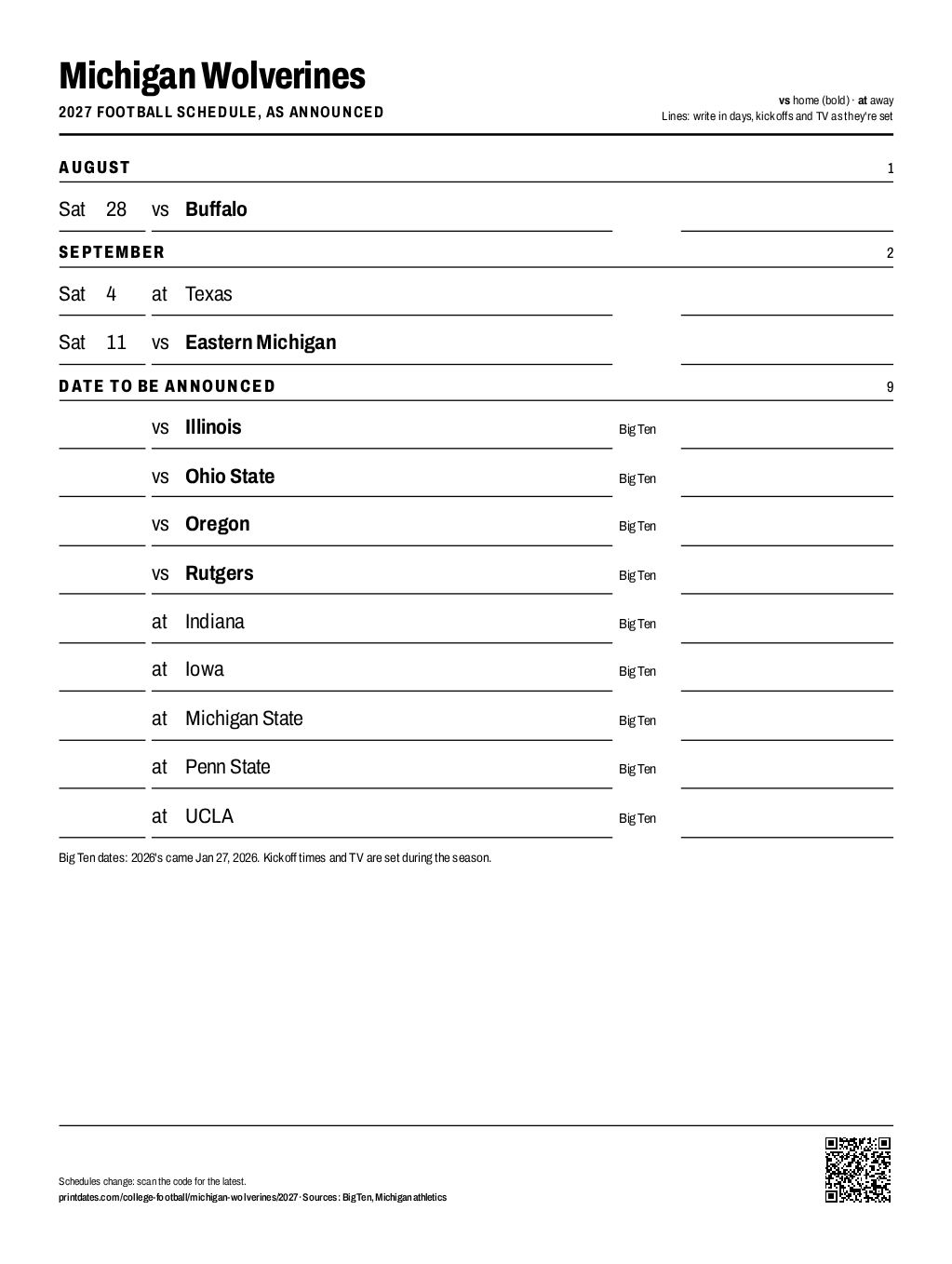 Michigan Wolverines 2027 football schedule printable: 3 of 12 games dated so far, the rest to write in