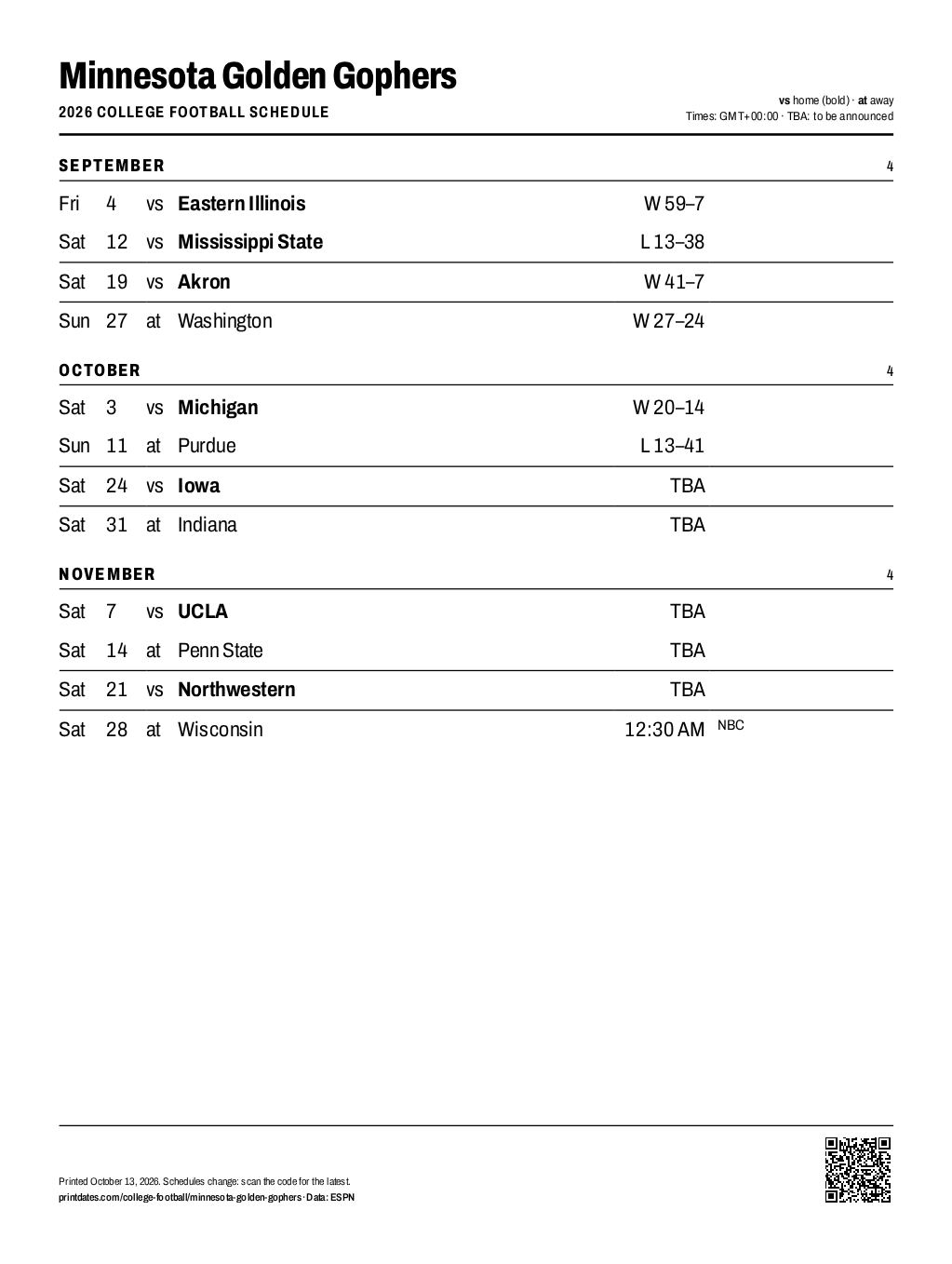 Minnesota Golden Gophers football 2026 printable schedule, all 12 games on one page