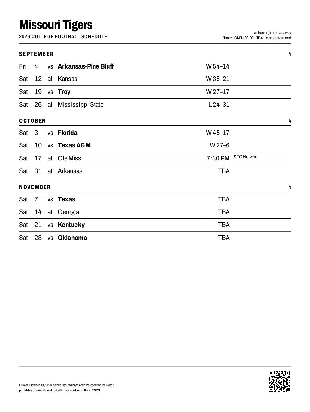 Missouri Tigers football 2026 printable schedule, all 12 games on one page
