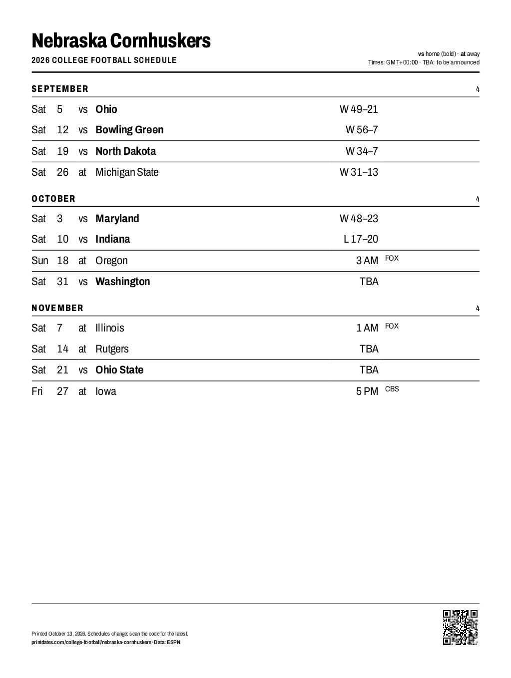 Nebraska Cornhuskers football 2026 printable schedule, all 12 games on one page