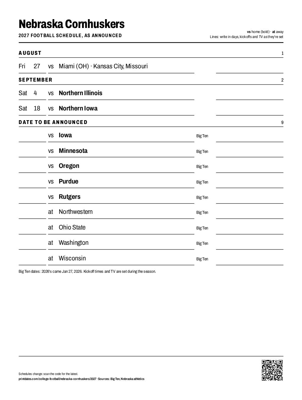 Nebraska Cornhuskers 2027 football schedule printable: 3 of 12 games dated so far, the rest to write in