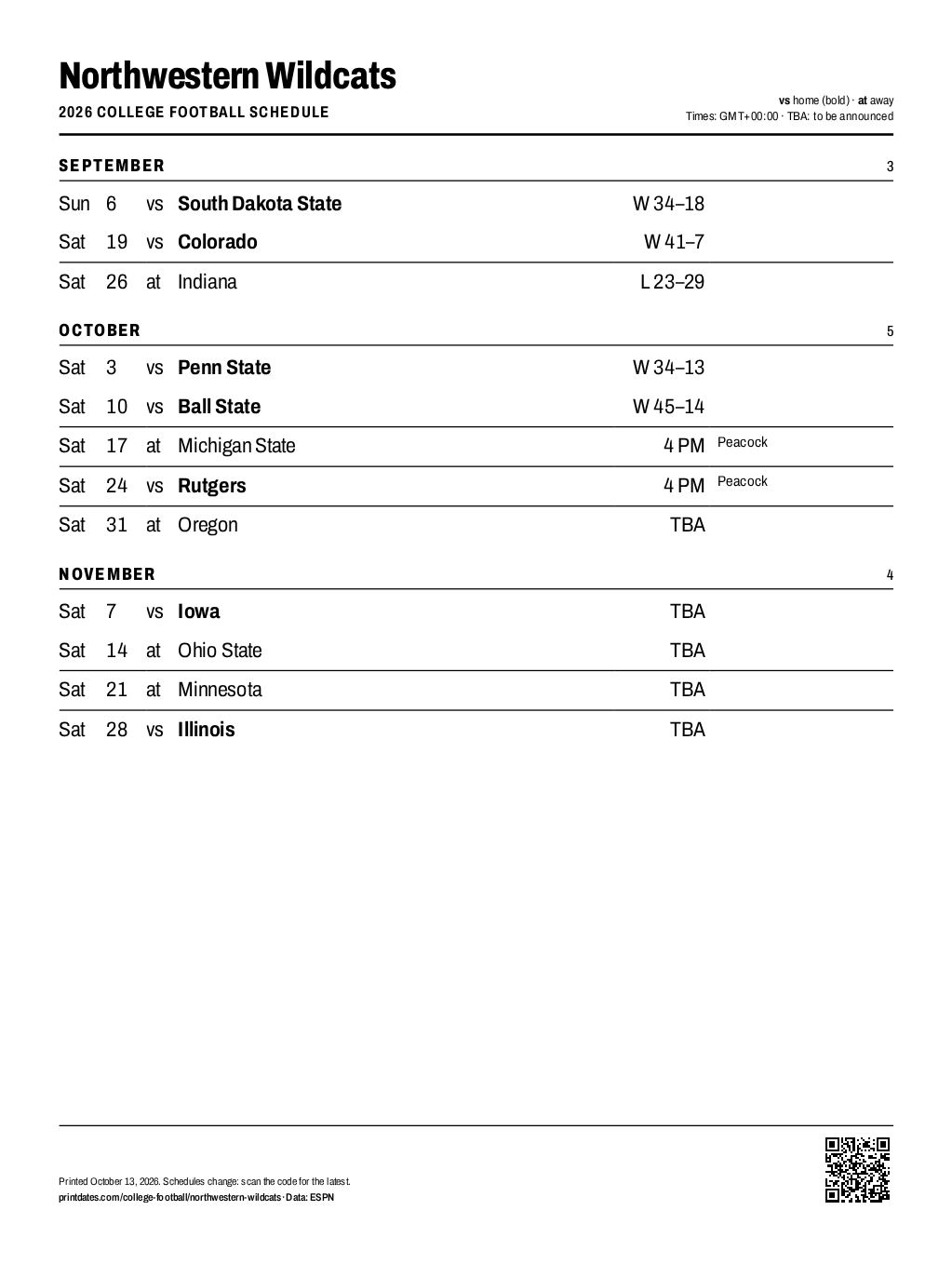 Northwestern Wildcats football 2026 printable schedule, all 12 games on one page