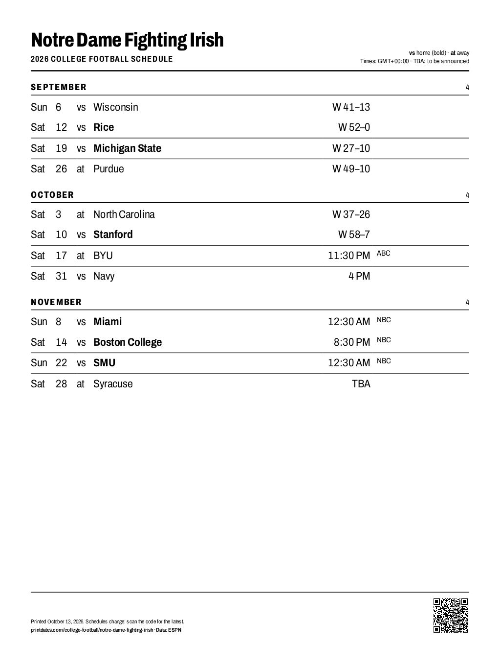 Notre Dame Fighting Irish football 2026 printable schedule, all 12 games on one page