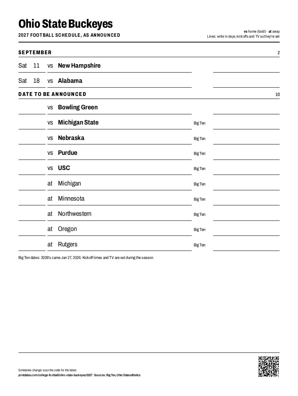Ohio State Buckeyes 2027 football schedule printable: 2 of 12 games dated so far, the rest to write in