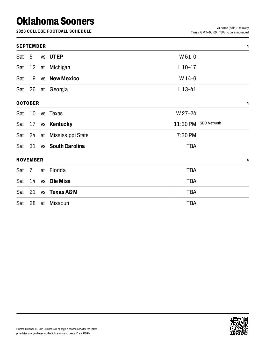 Oklahoma Sooners football 2026 printable schedule, all 12 games on one page
