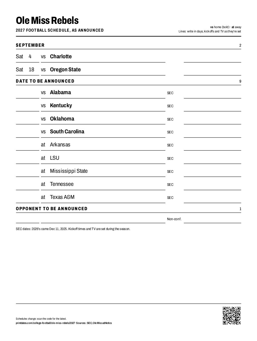 Ole Miss Rebels 2027 football schedule printable: 2 of 12 games dated so far, the rest to write in