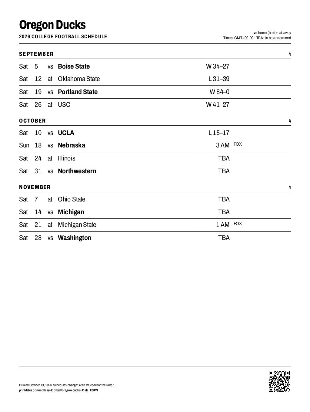 Oregon Ducks football 2026 printable schedule, all 12 games on one page