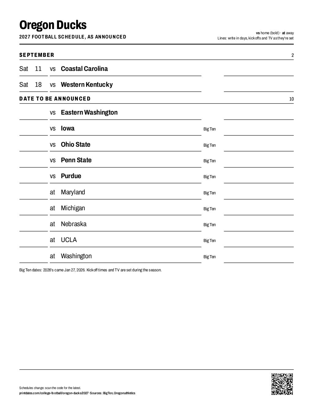 Oregon Ducks 2027 football schedule printable: 2 of 12 games dated so far, the rest to write in