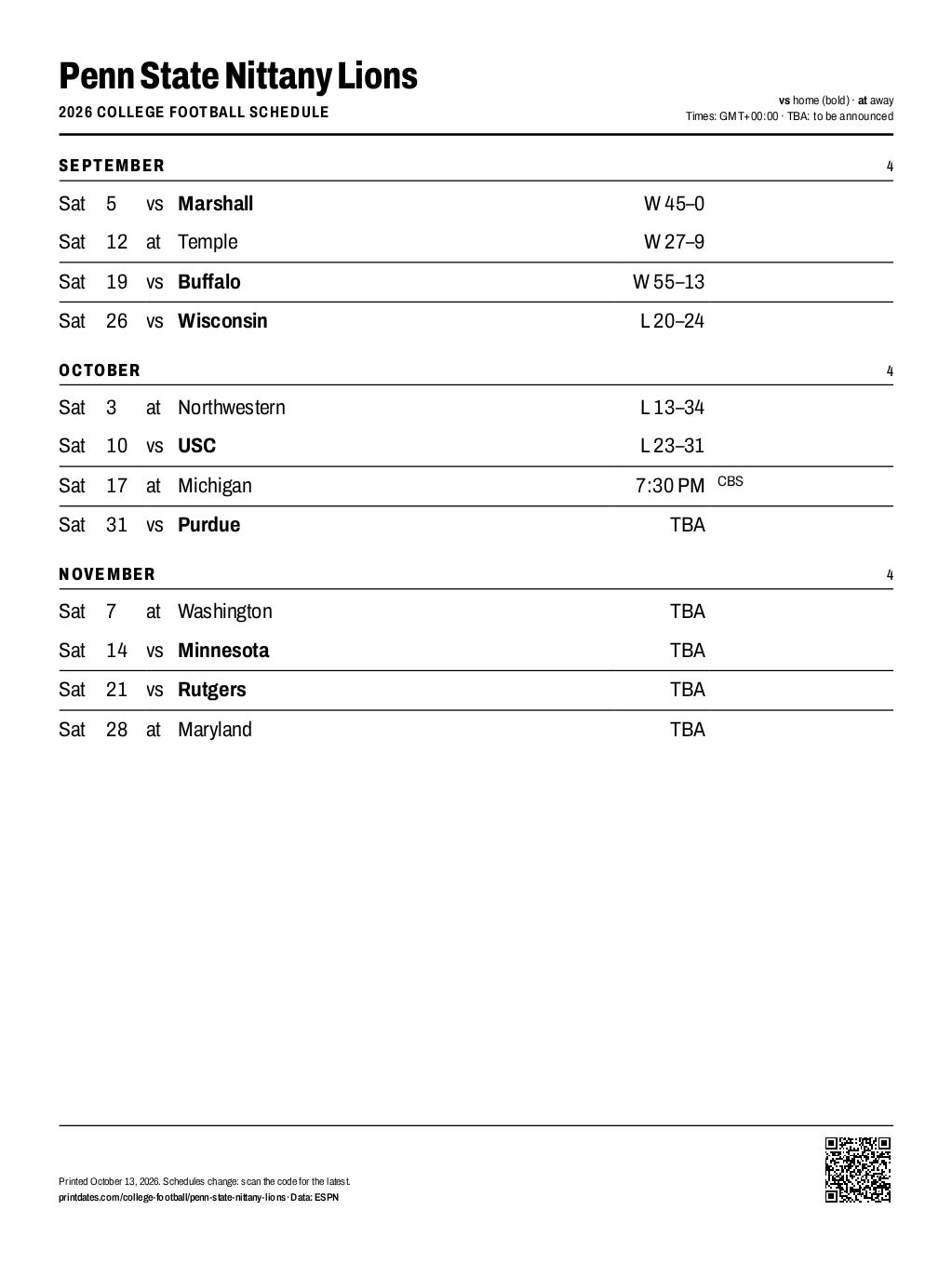 Penn State Nittany Lions football 2026 printable schedule, all 12 games on one page
