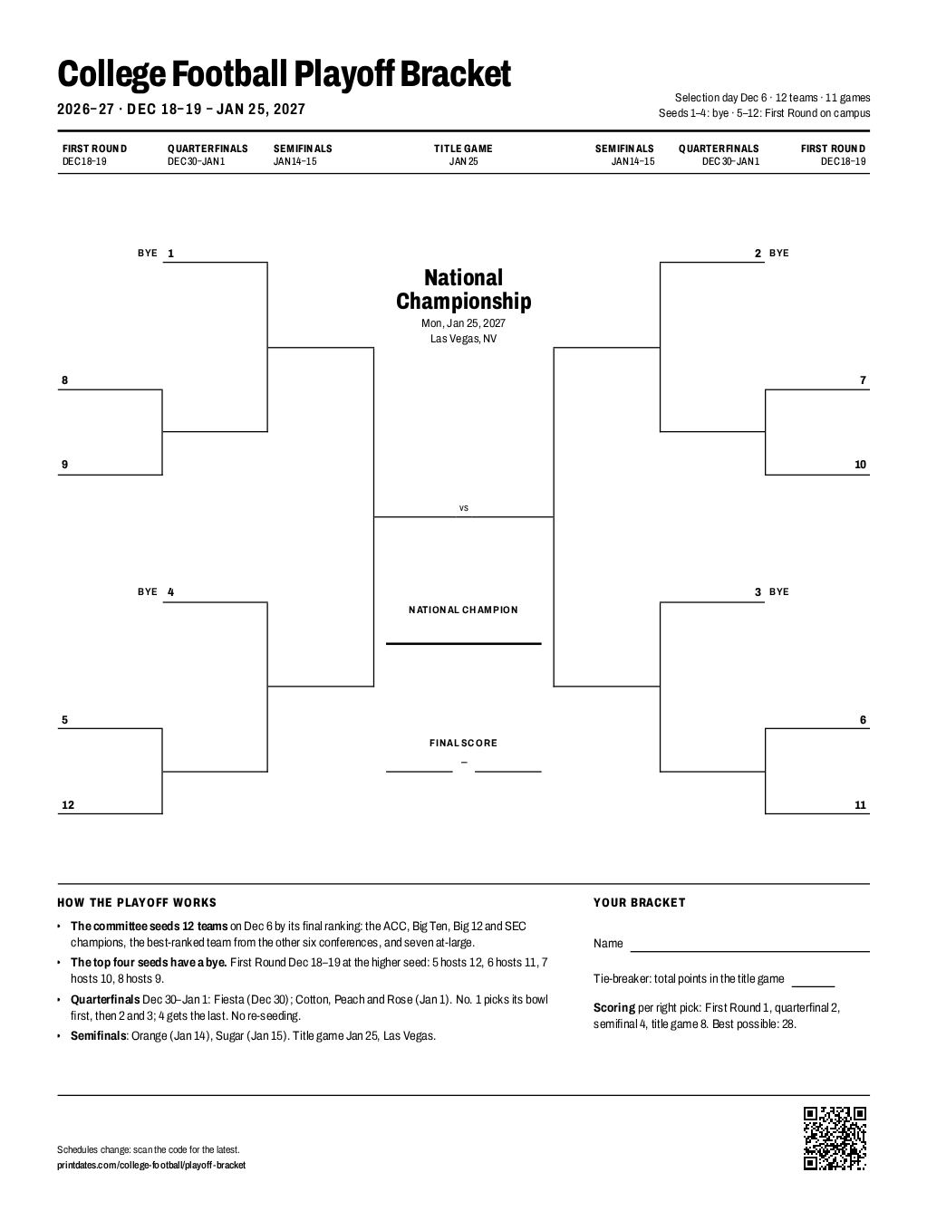 College Football Playoff bracket 2026–27: 12 teams, First Round to the title game, on one printable page