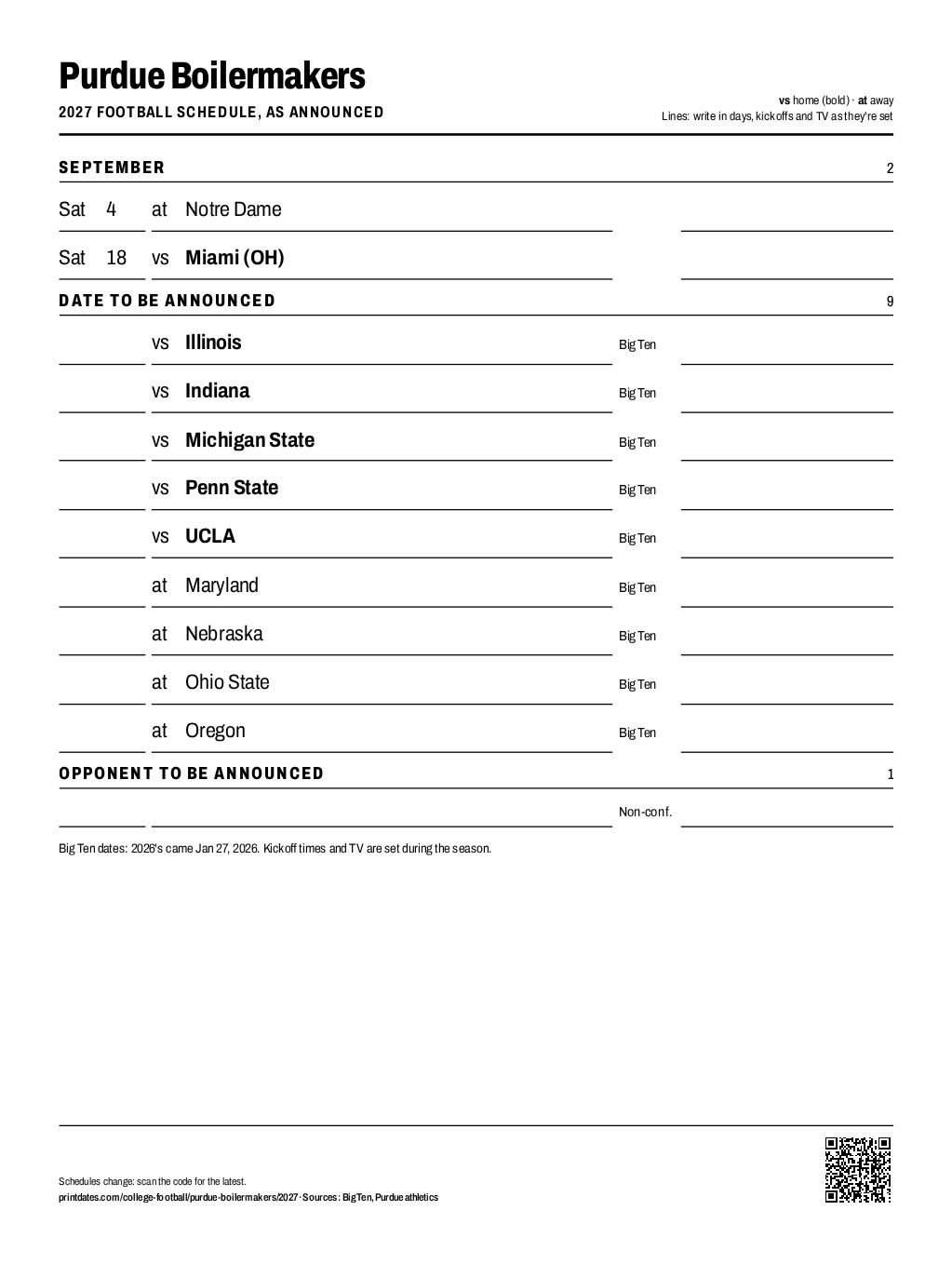 Purdue Boilermakers 2027 football schedule printable: 2 of 12 games dated so far, the rest to write in