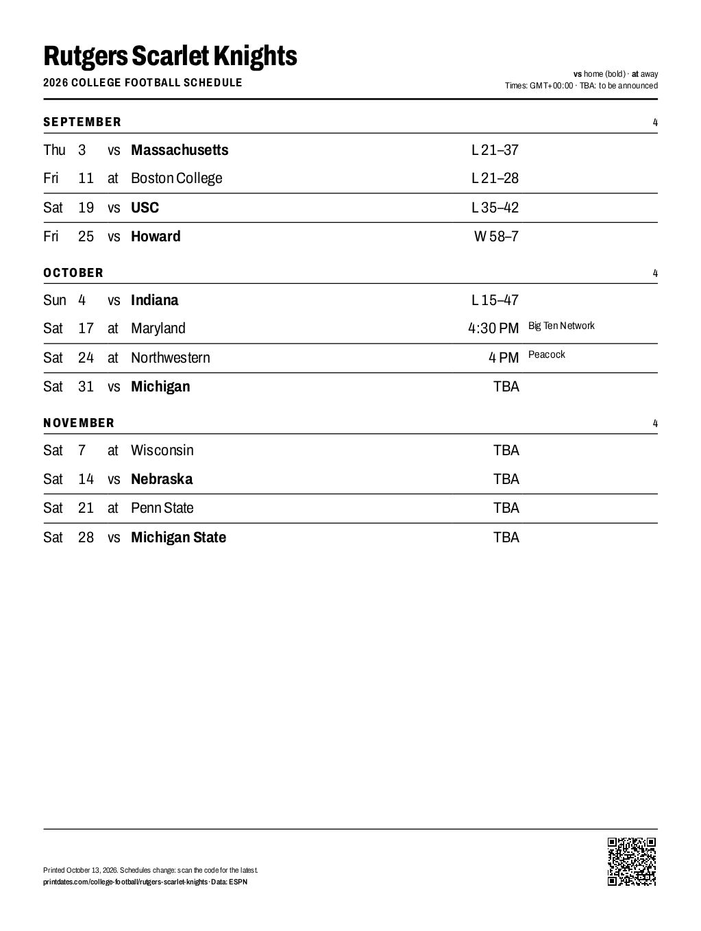 Rutgers Scarlet Knights football 2026 printable schedule, all 12 games on one page
