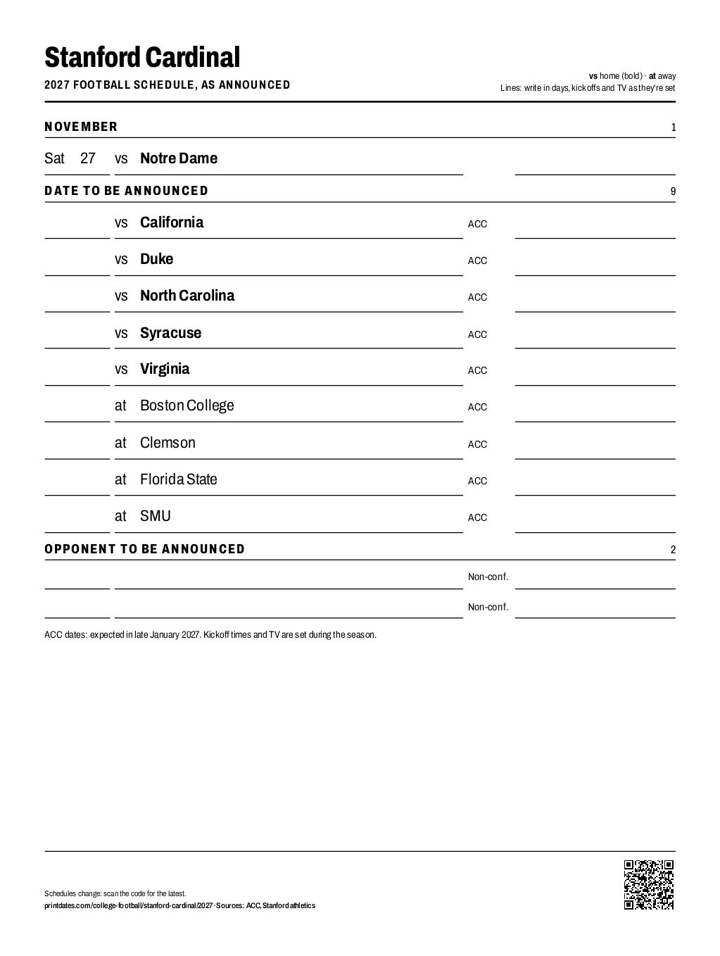 Stanford Cardinal 2027 football schedule printable: 1 of 12 games dated so far, the rest to write in
