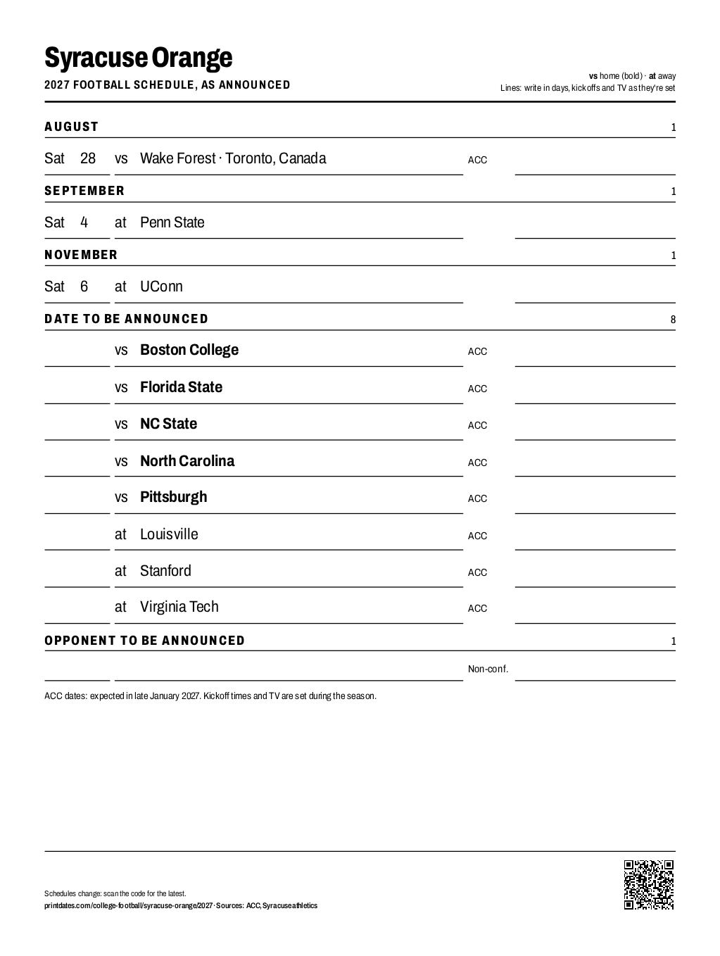 Syracuse Orange 2027 football schedule printable: 3 of 12 games dated so far, the rest to write in