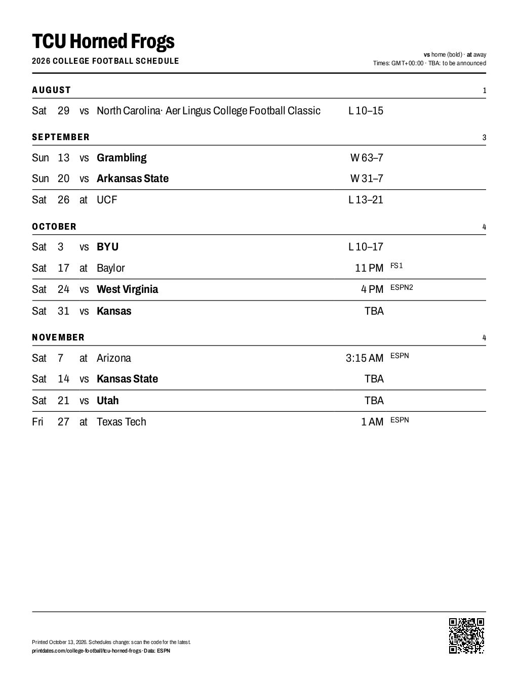 TCU Horned Frogs football 2026 printable schedule, all 12 games on one page
