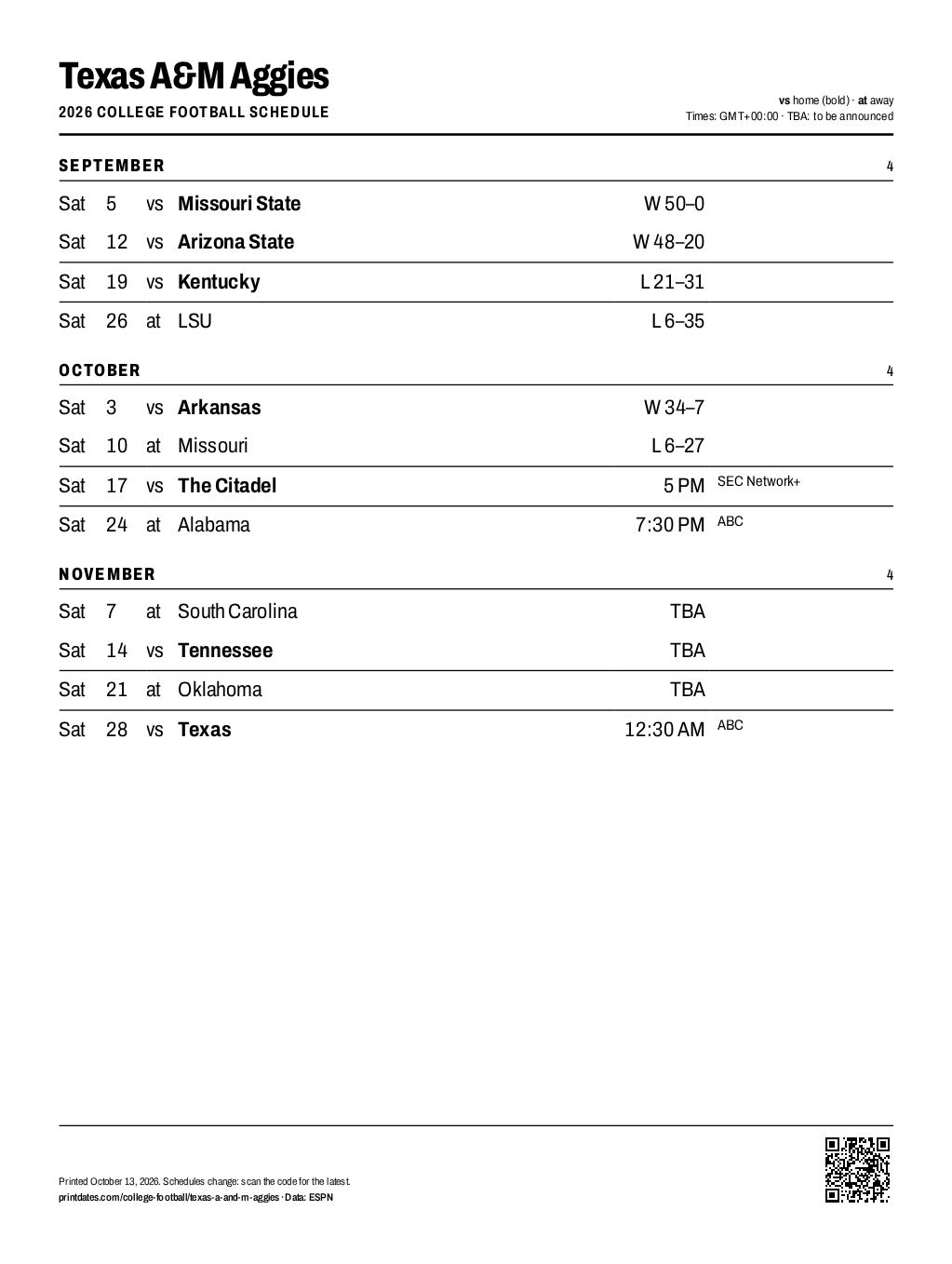 Texas A&M Aggies football 2026 printable schedule, all 12 games on one page