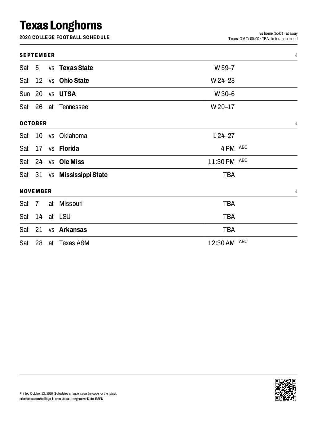 Texas Longhorns football 2026 printable schedule, all 12 games on one page
