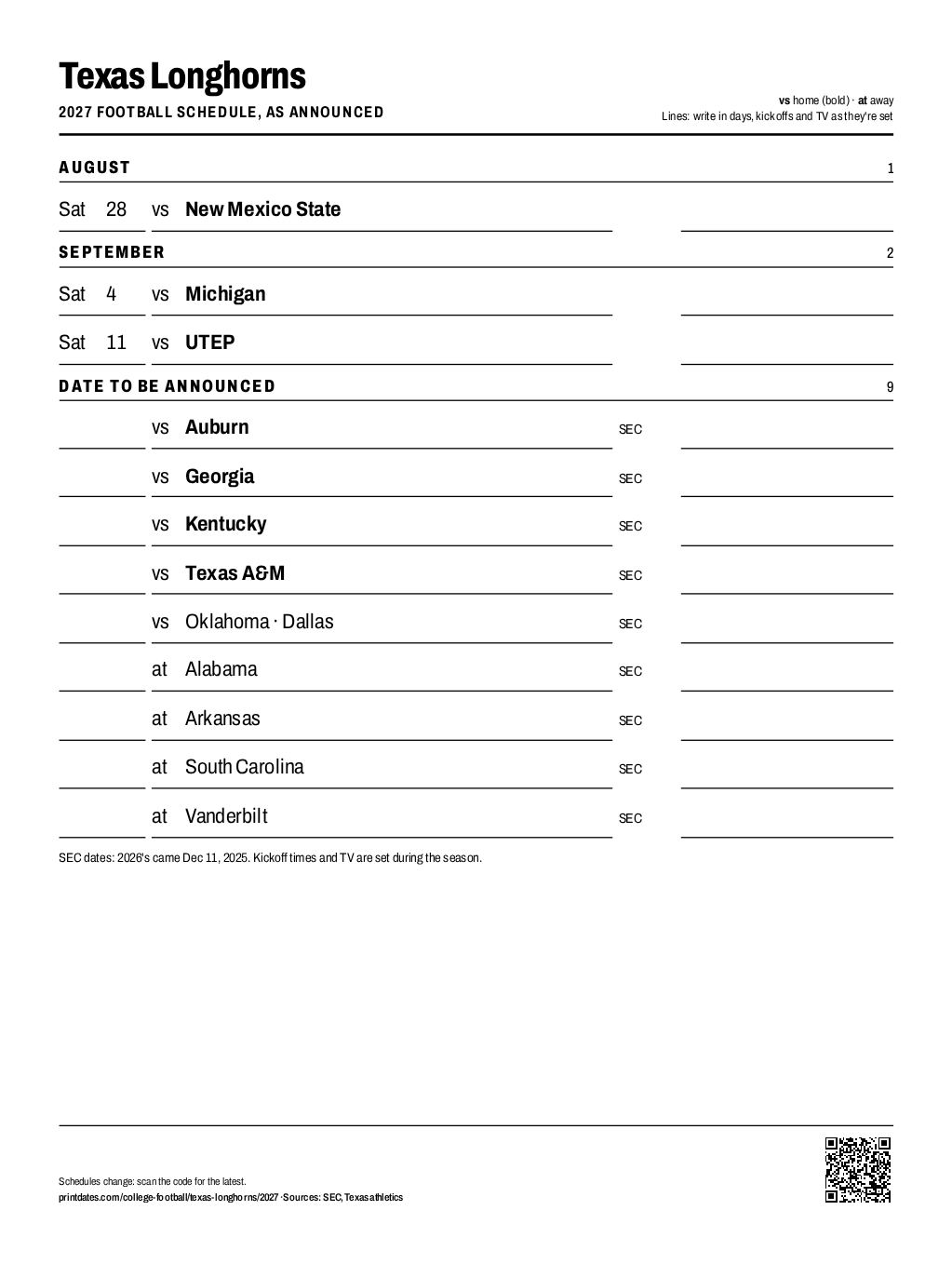 Texas Longhorns 2027 football schedule printable: 3 of 12 games dated so far, the rest to write in