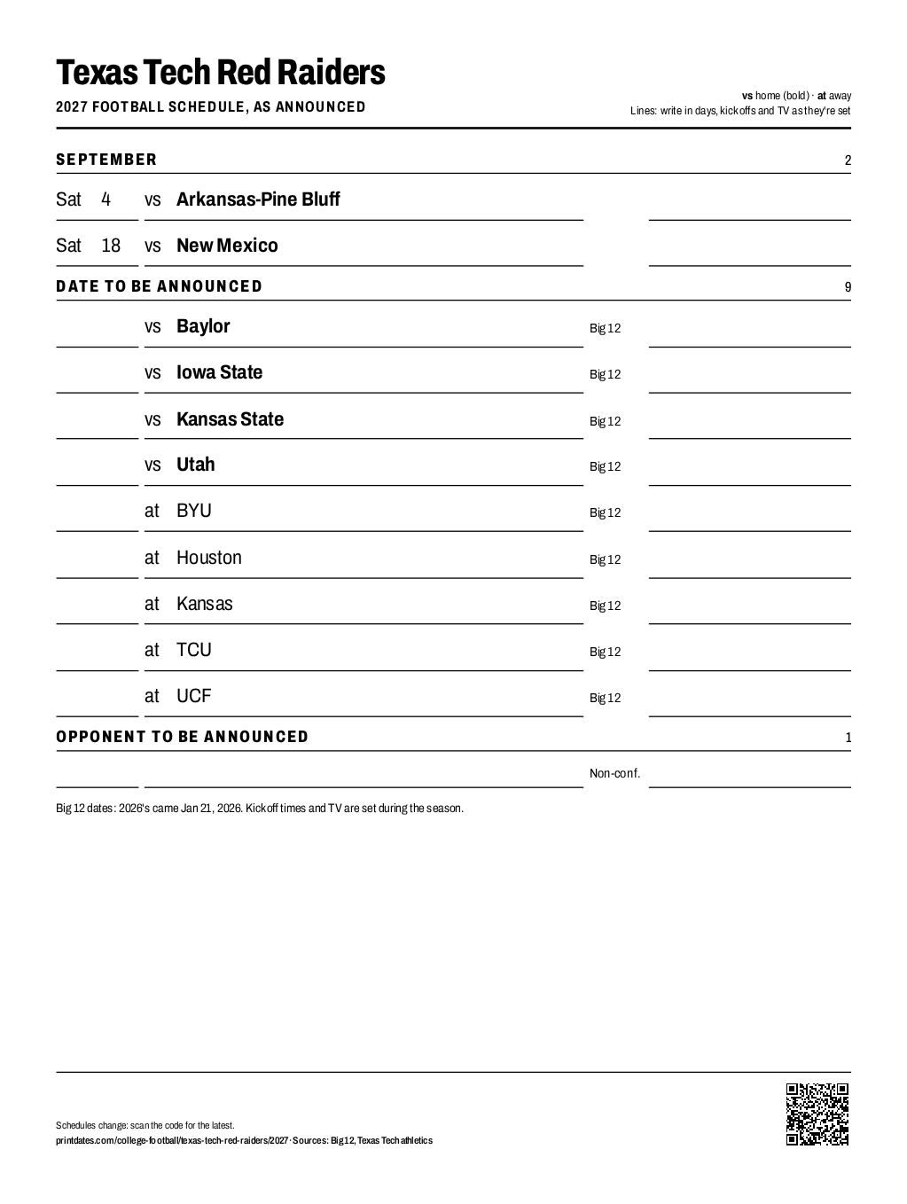 Texas Tech Red Raiders 2027 football schedule printable: 2 of 12 games dated so far, the rest to write in
