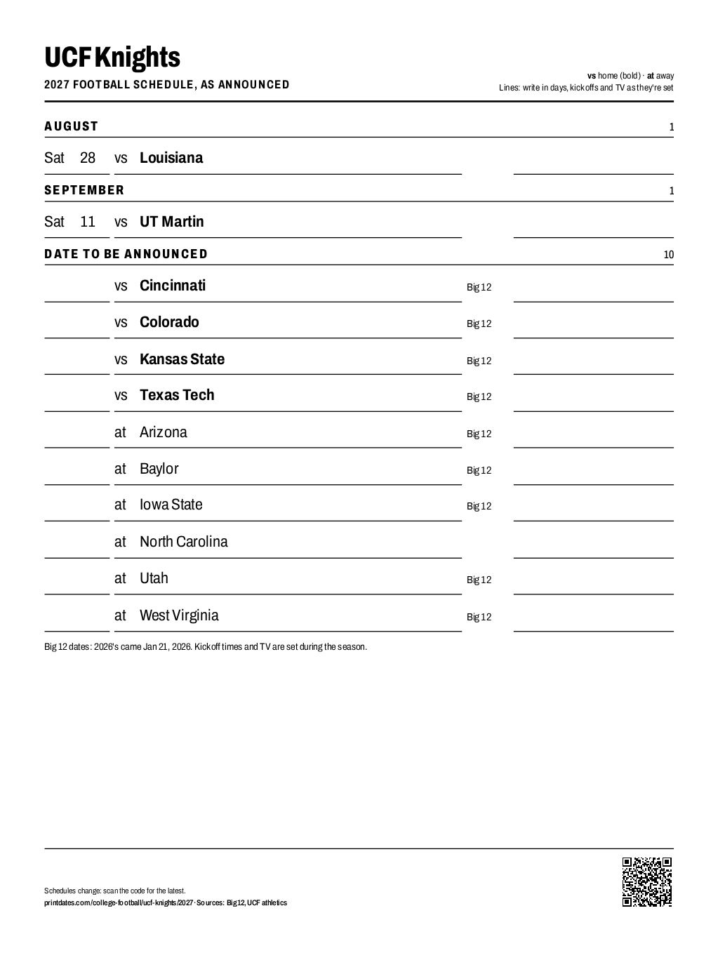 UCF Knights 2027 football schedule printable: 2 of 12 games dated so far, the rest to write in