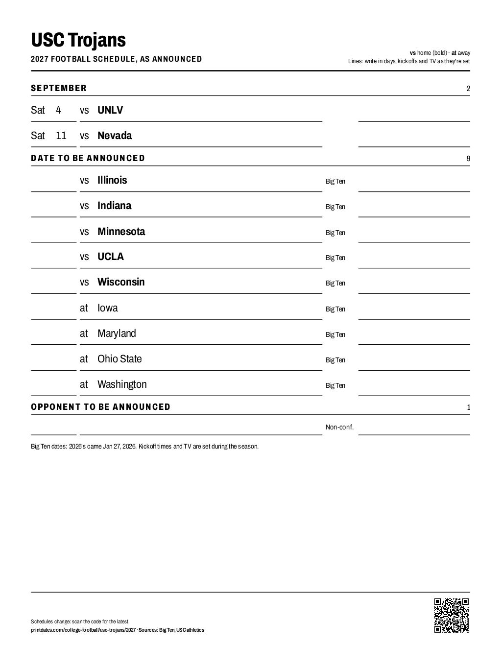 USC Trojans 2027 football schedule printable: 2 of 12 games dated so far, the rest to write in