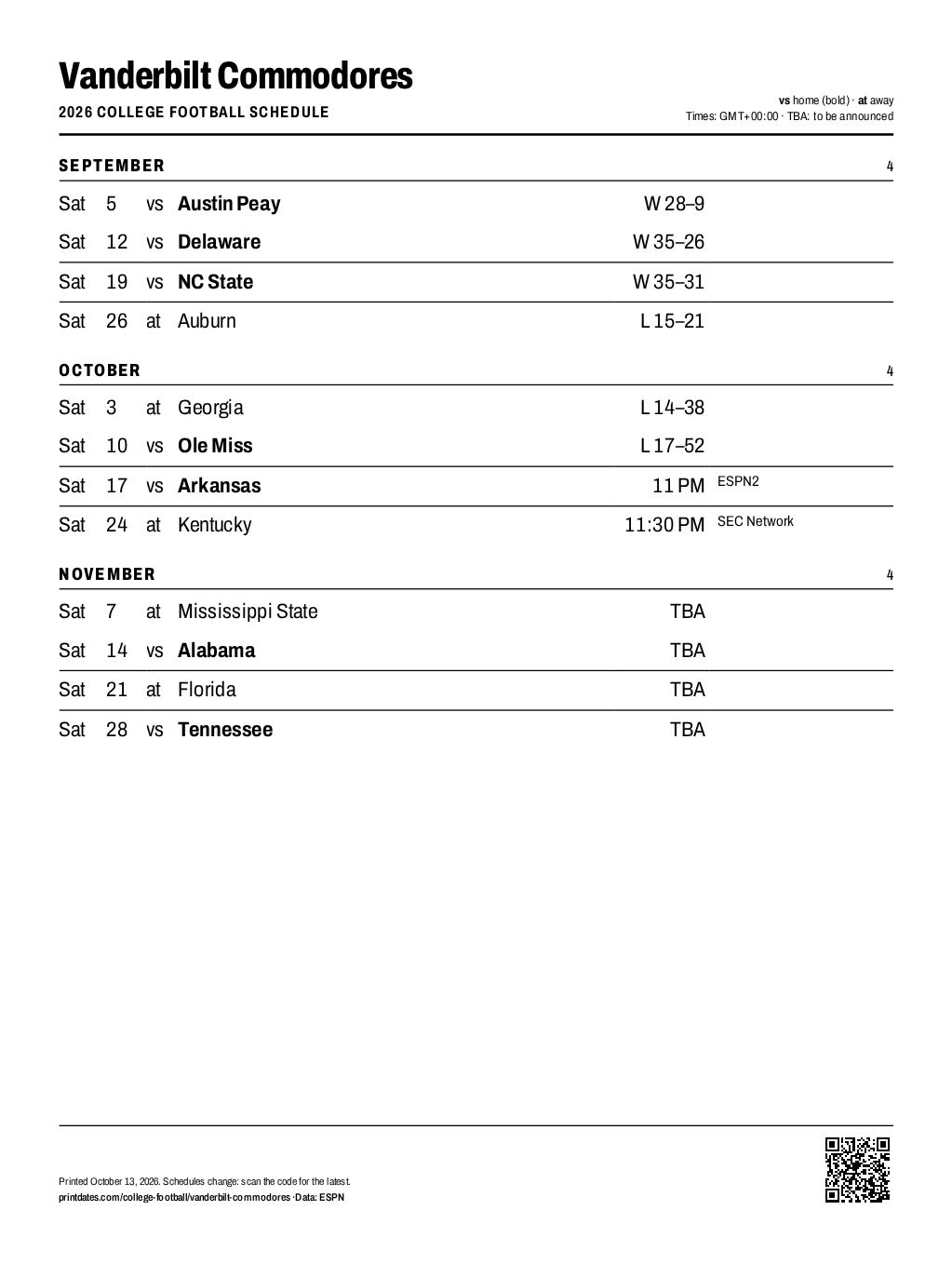 Vanderbilt Commodores football 2026 printable schedule, all 12 games on one page