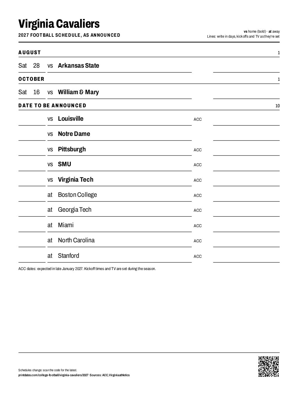 Virginia Cavaliers 2027 football schedule printable: 2 of 12 games dated so far, the rest to write in