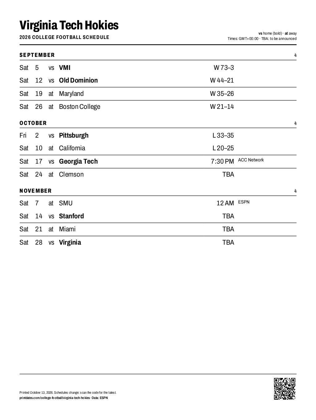 Virginia Tech Hokies football 2026 printable schedule, all 12 games on one page