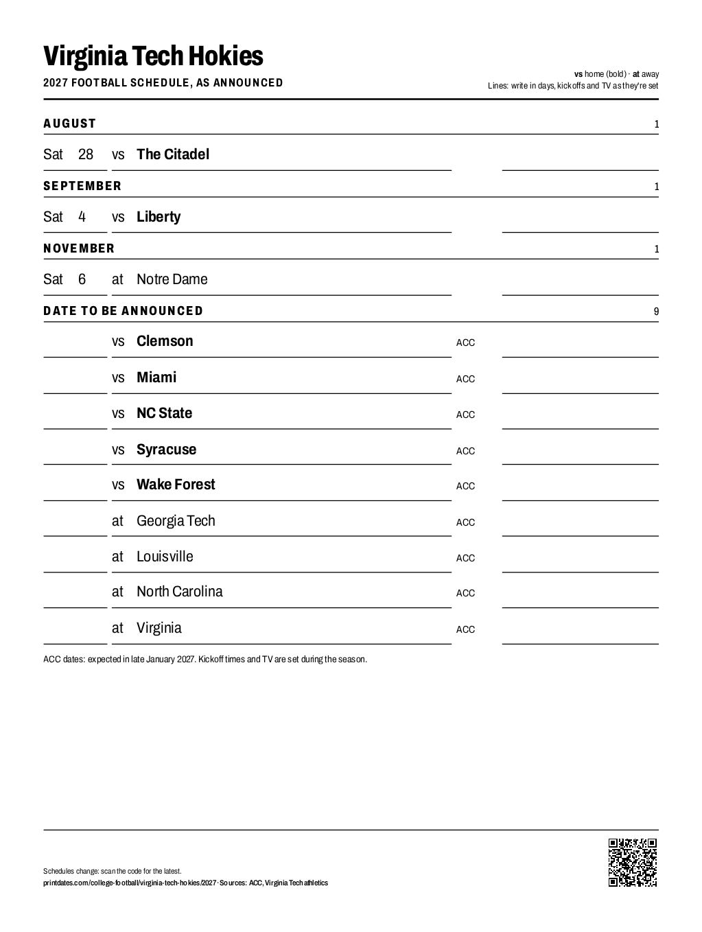 Virginia Tech Hokies 2027 football schedule printable: 3 of 12 games dated so far, the rest to write in